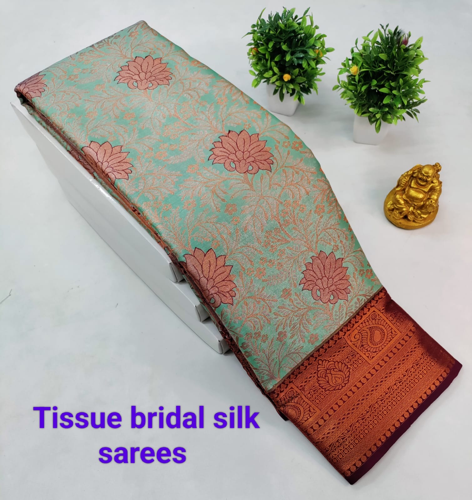 Mint Green Tissue Silk Saree with Maroon Border