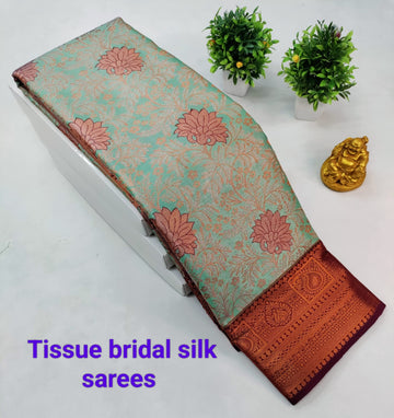 Mint Green Tissue Silk Saree with Maroon Border