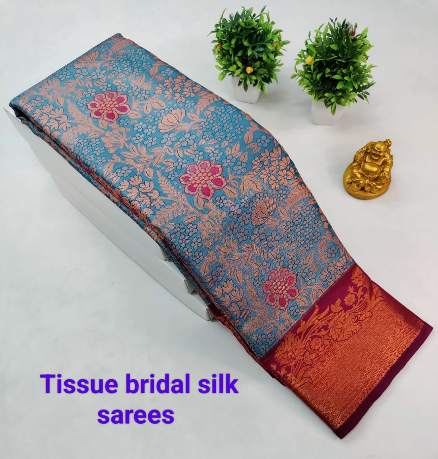 Light Blue Tissue Silk Saree with Maroon Border