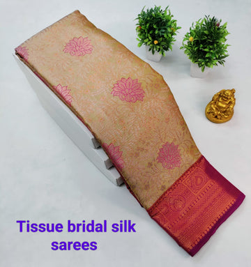 Beige with Pink Kanjeevaram Tissue Silk Saree