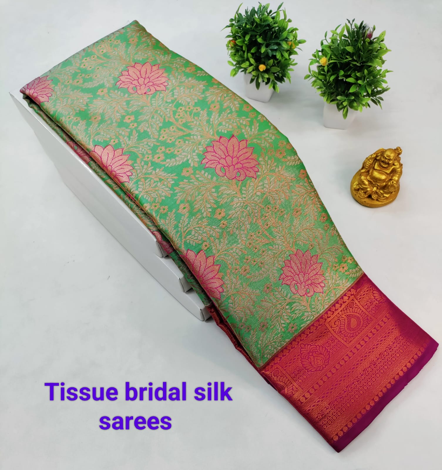 Pista Green with Pink Kanjeevaram Tissue Silk Saree