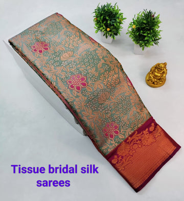 Greenish with Maroon Kanjeevaram Tissue Silk Saree