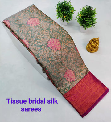 Greenish with Pink Kanjeevaram Tissue Silk Saree