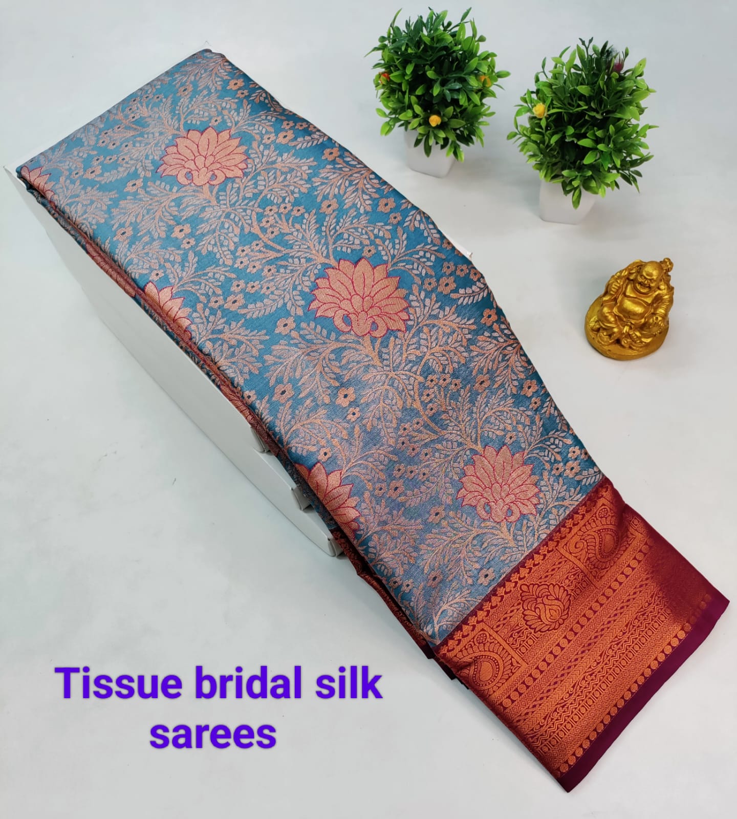 Peacock Blue with Maroon Kanjeevaram Tissue Silk Saree