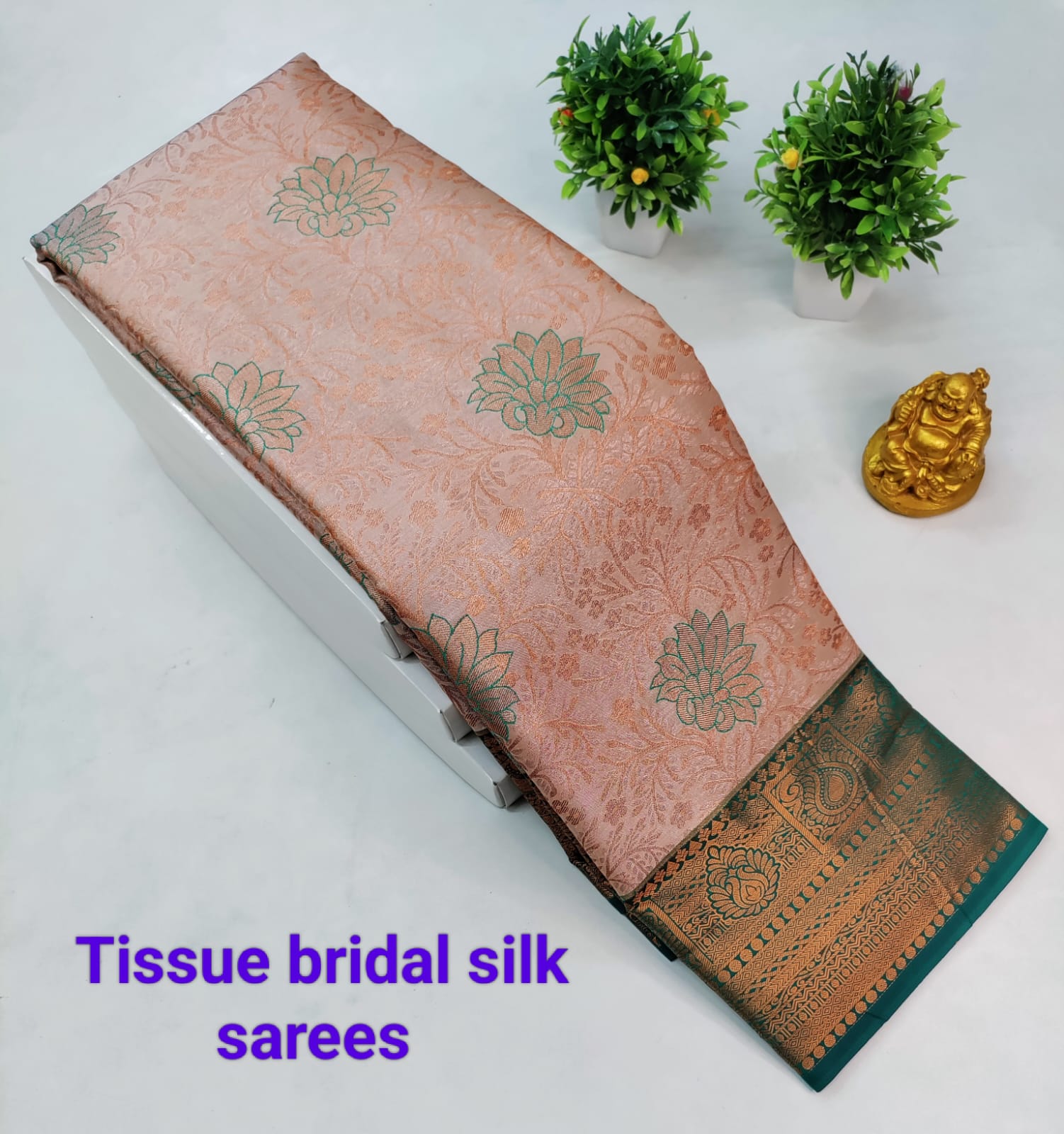 Peach with Teal Kanjeevaram Tissue Silk Saree