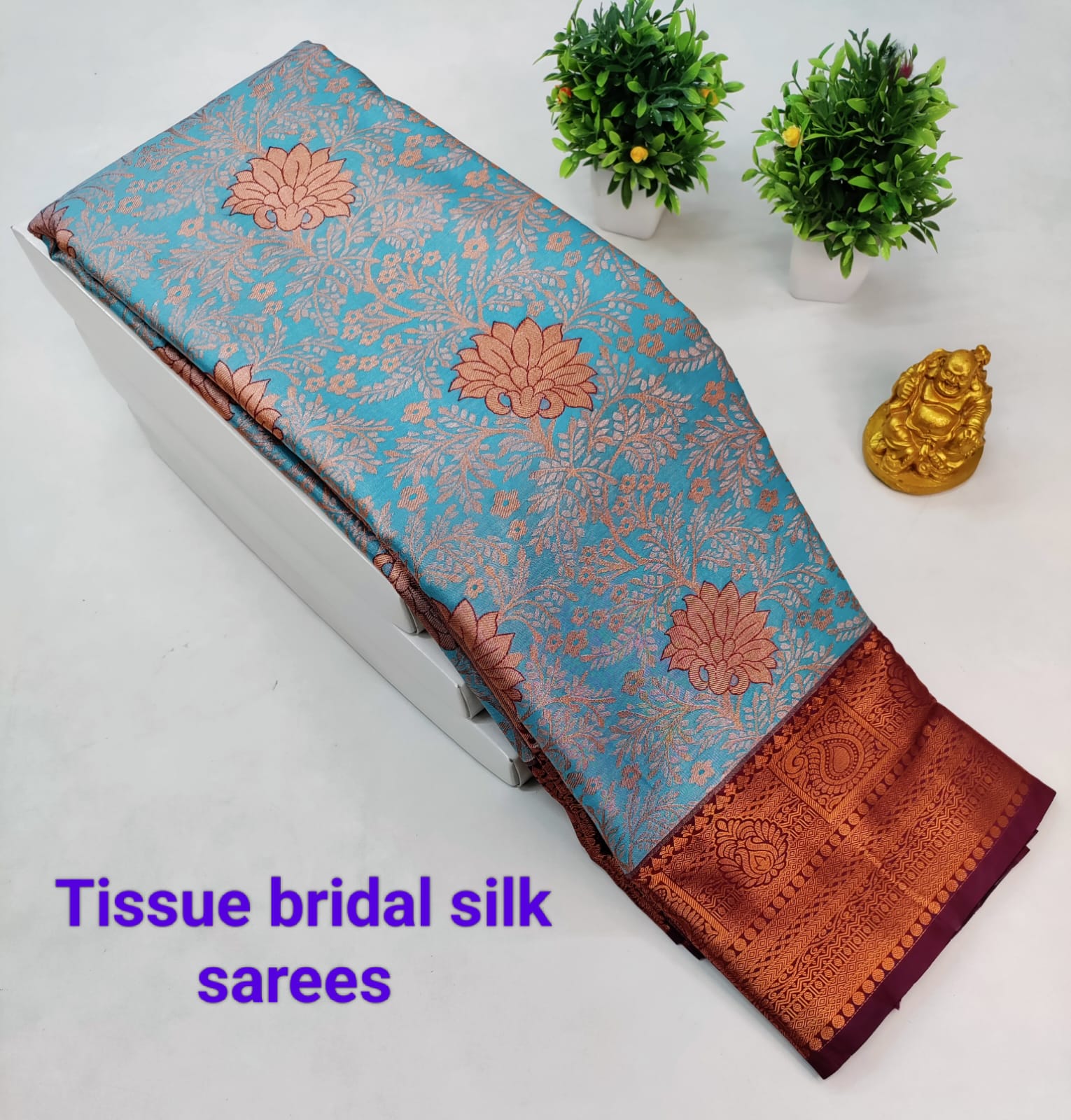Sky Blue with Maroon Kanjeevaram Tissue Silk Saree