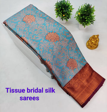 Sky Blue with Maroon Kanjeevaram Tissue Silk Saree