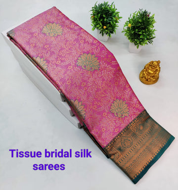 Pink with Teal Kanjeevaram Tissue Silk Saree