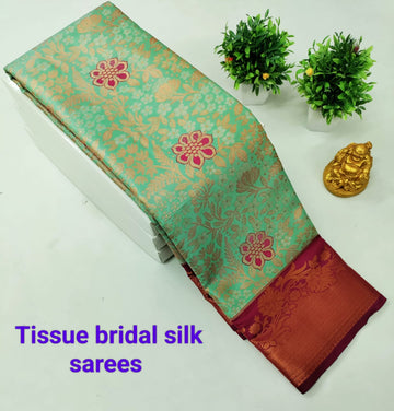 Rexona Green with Maroon Kanjeevaram Tissue Silk Saree