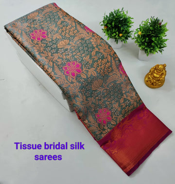Greenish with Pink Kanjeevaram Tissue Silk Saree
