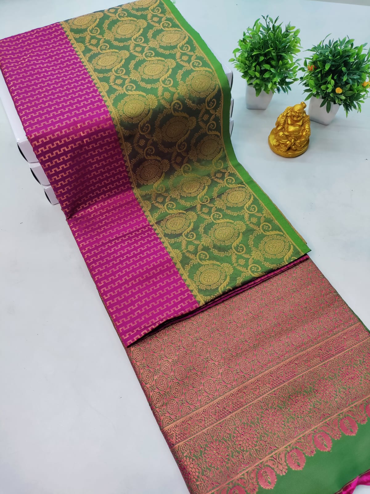 Premium Kanjeevaram Luxury Soft Silk– Pink with Green