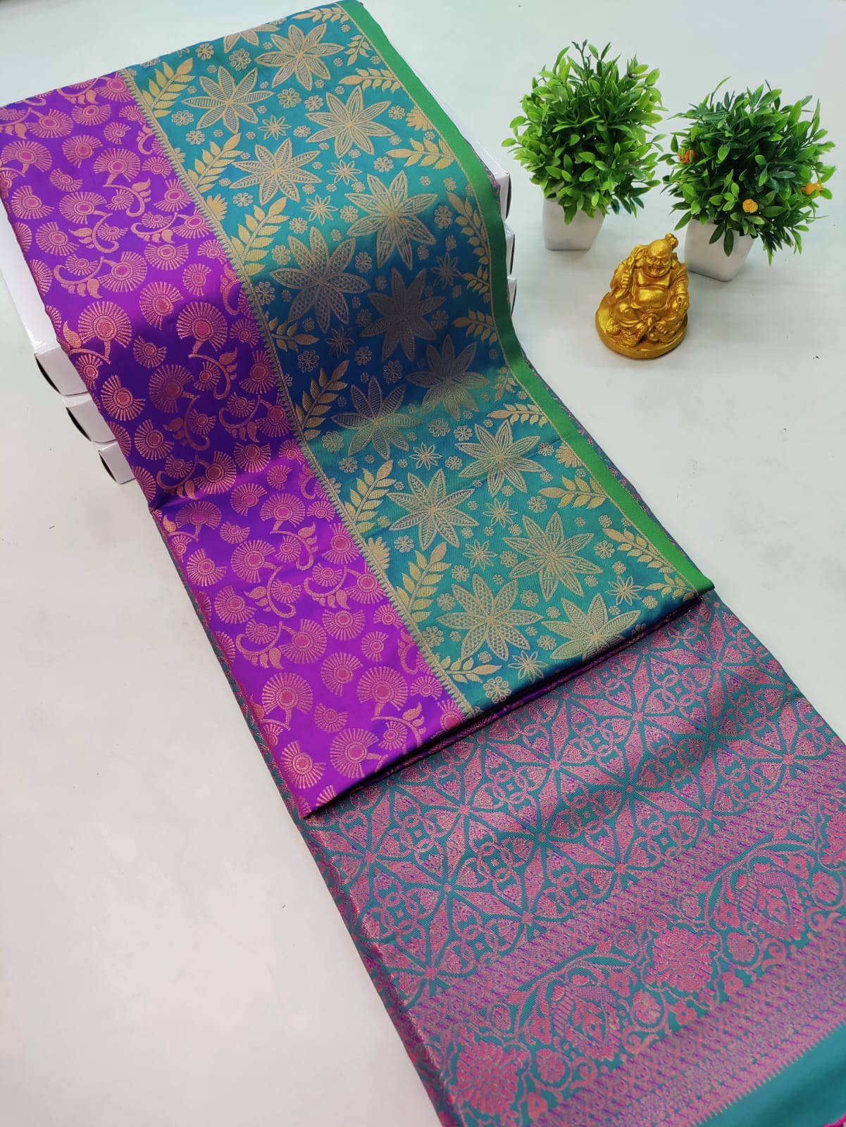 Premium Kanjeevaram Luxury Soft Silk – Majenta Purple with Teal Green