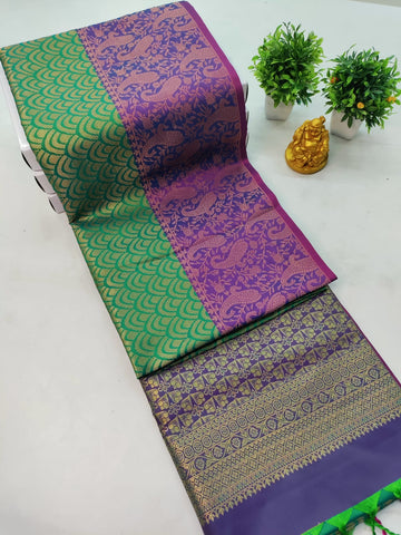 Premium Kanjeevaram Luxury Soft Silk– Green with Purple