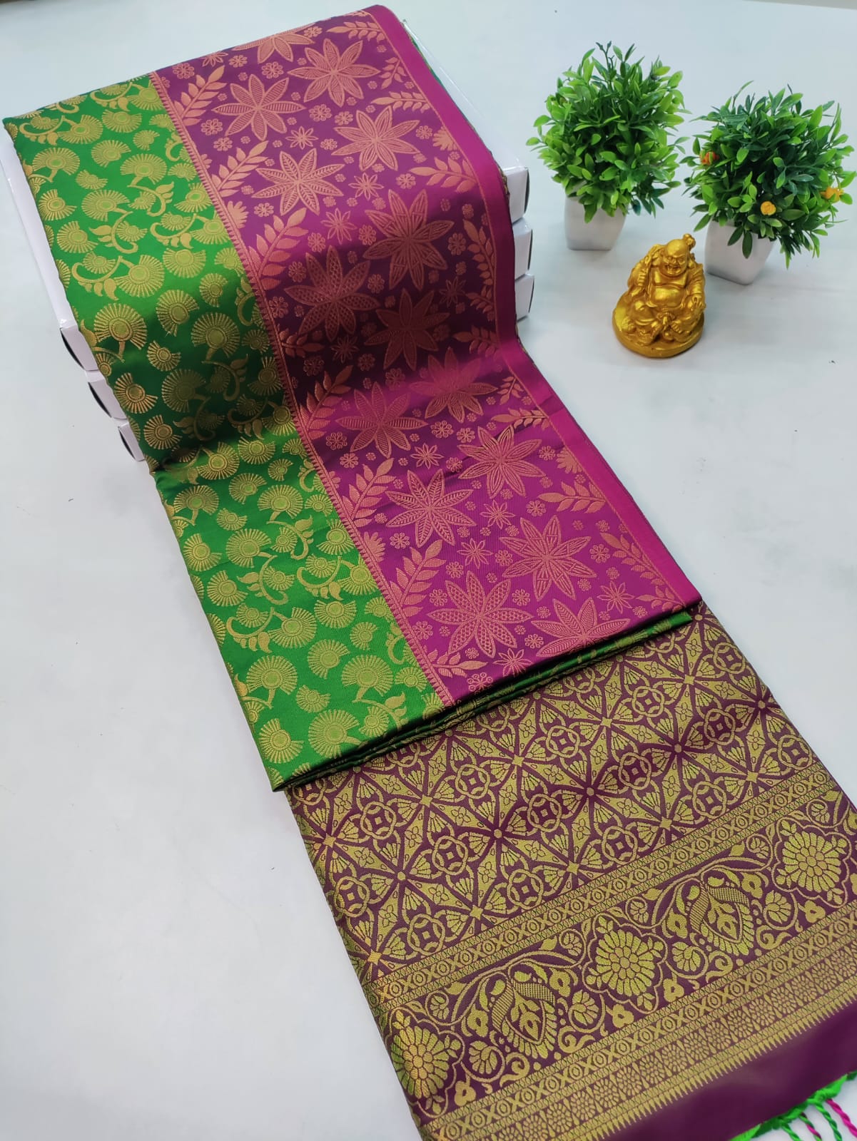 Premium Kanjeevaram Luxury Soft Silk Saree – Green with Purple Border