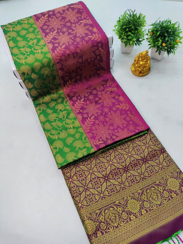 Premium Kanjeevaram Luxury Soft Silk Saree – Green with Purple Border