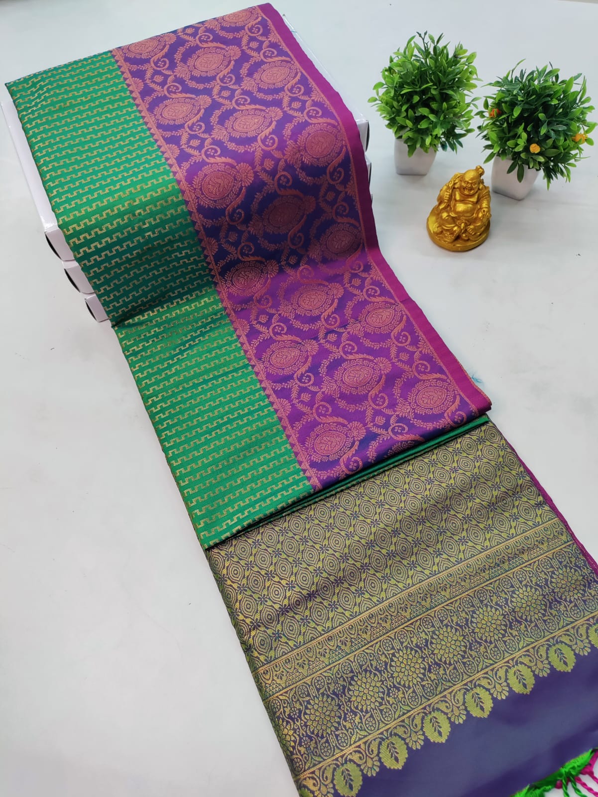 Premium Kanjeevaram Luxury Soft Silk Saree – Green with Purple Border