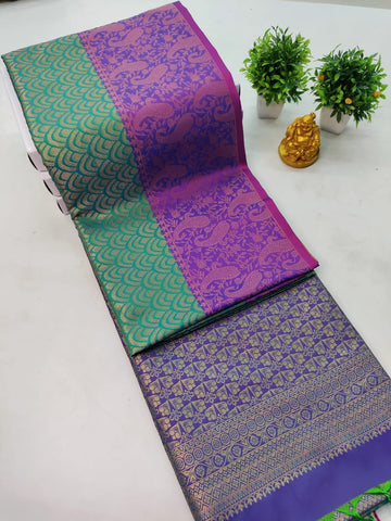 Premium Kanjeevaram Luxury Soft Silk Saree – Teal Green with Purple Border