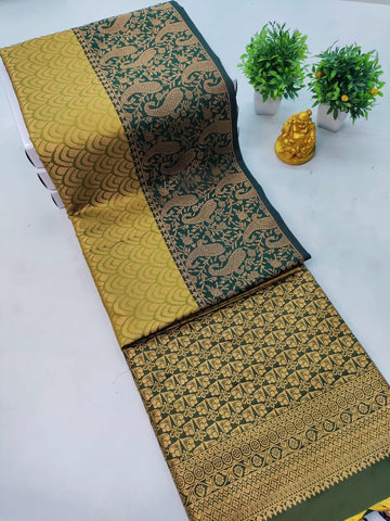 Premium Kanjeevaram Luxury Soft Silk Saree – Mehandhi with Bottle Green Border