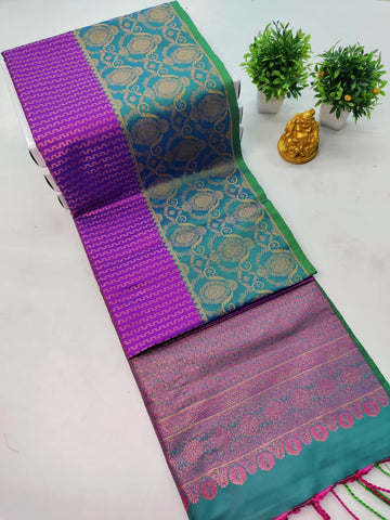 Premium Kanjeevaram Luxury Soft Silk Saree – Purple with Teal Border