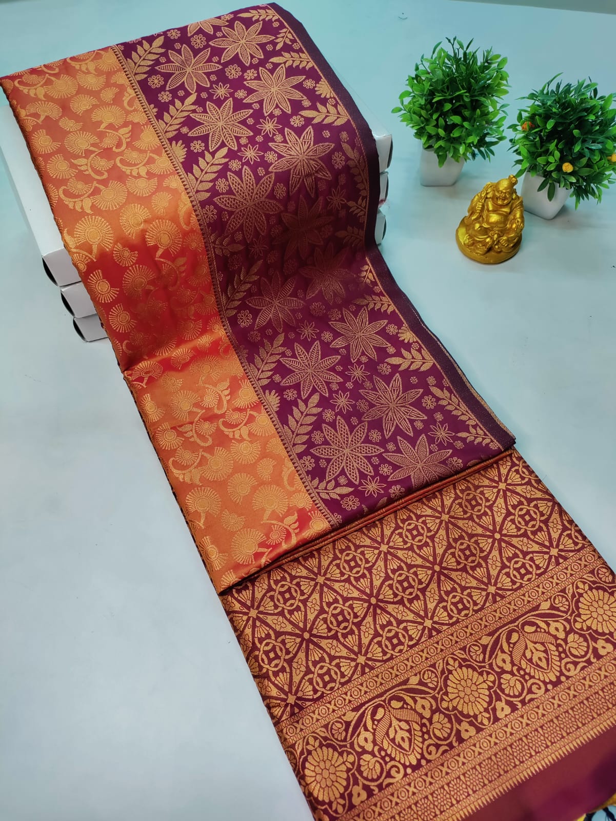 Premium Kanjeevaram Luxury Soft Silk Saree – Orange with Maroon