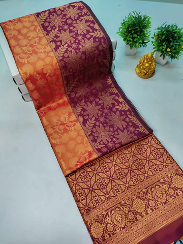 Premium Kanjeevaram Luxury Soft Silk Saree – Orange with Maroon