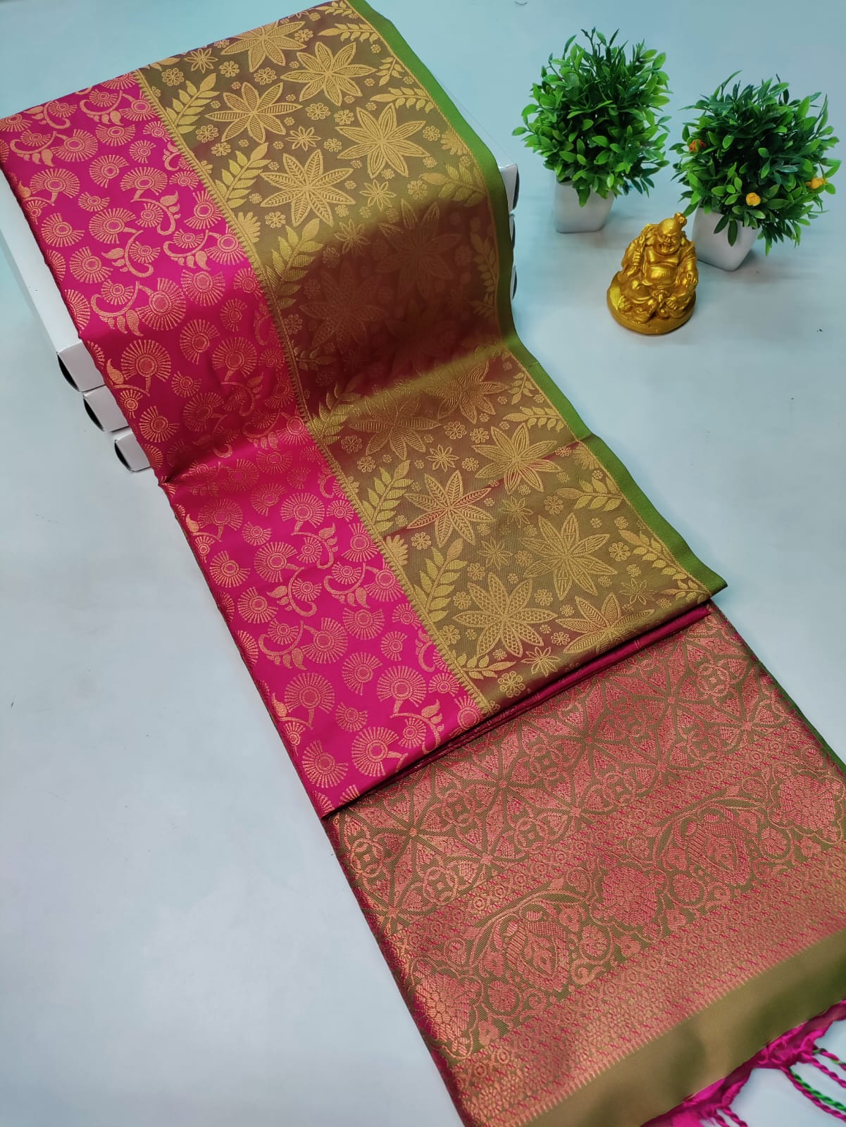 Premium Kanjeevaram Luxury Soft Silk Saree – Pink with Mehandhi Green