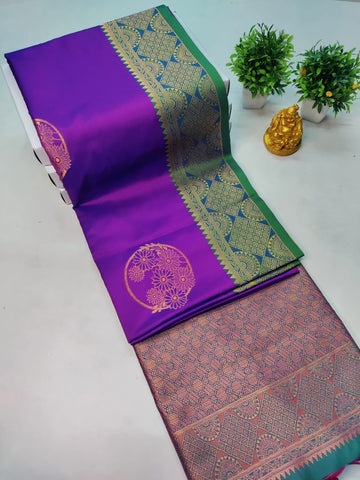 Premium Kanjeevaram Luxury Soft Silk Saree – Purple with Green