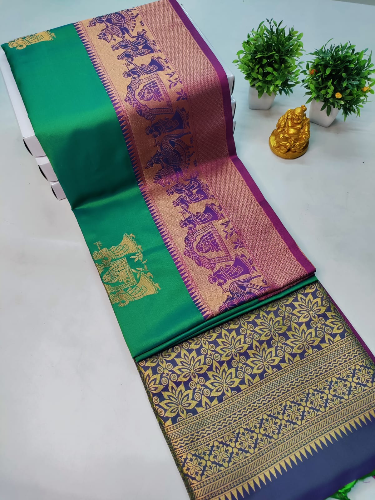 Premium Kanjeevaram Luxury Soft Silk Saree – Green with Purple Pink