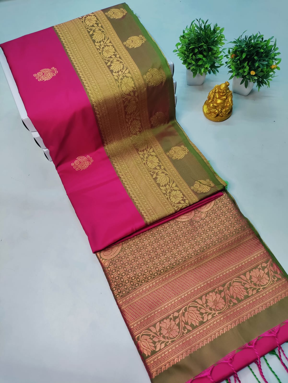 Exclusive Kanchipuram Soft Silk Saree – Pink with Mehandhi Green