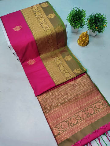 Exclusive Kanchipuram Soft Silk Saree – Pink with Mehandhi Green