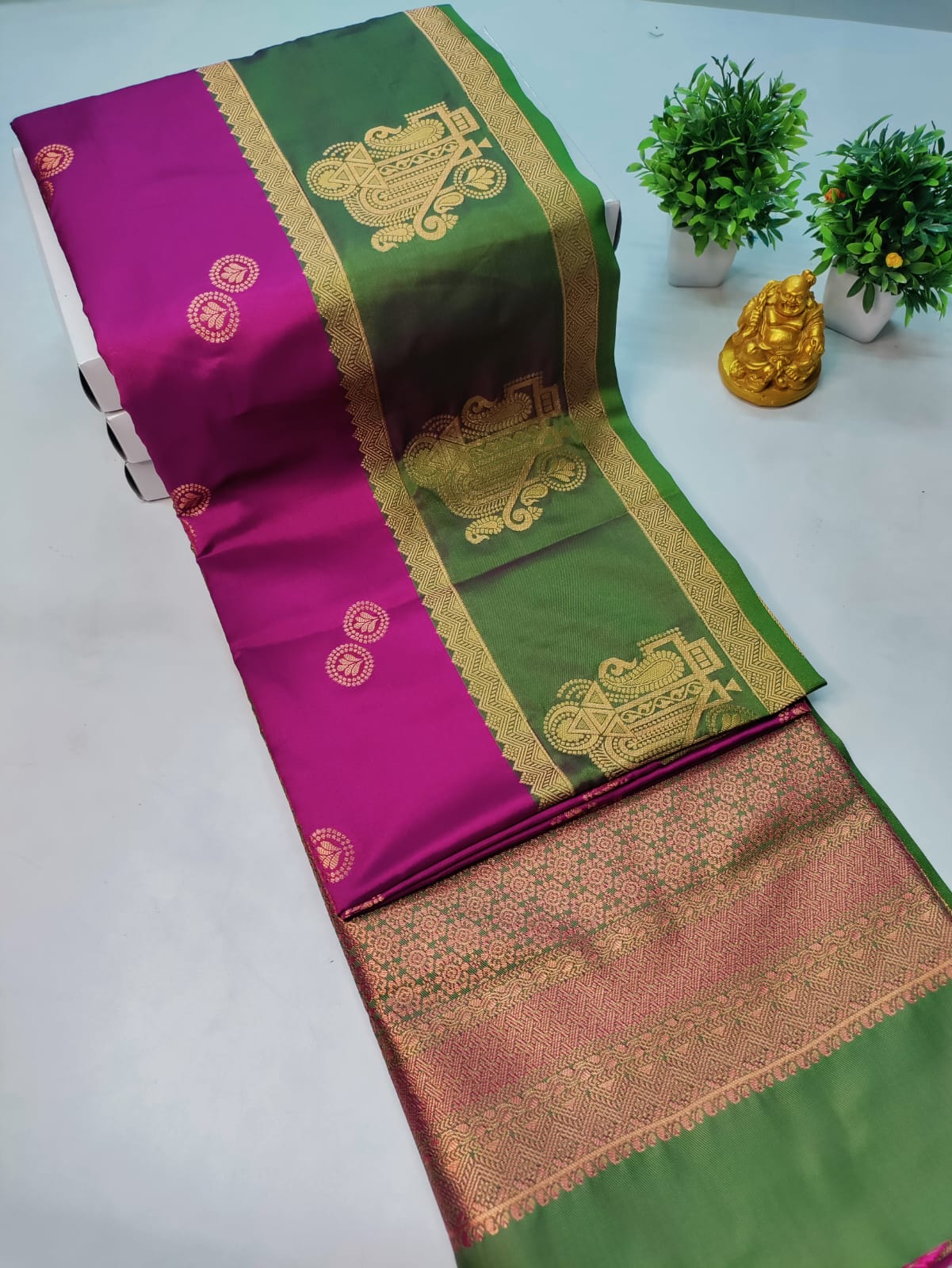 Kanchipuram Silk Saree – Pink with Green