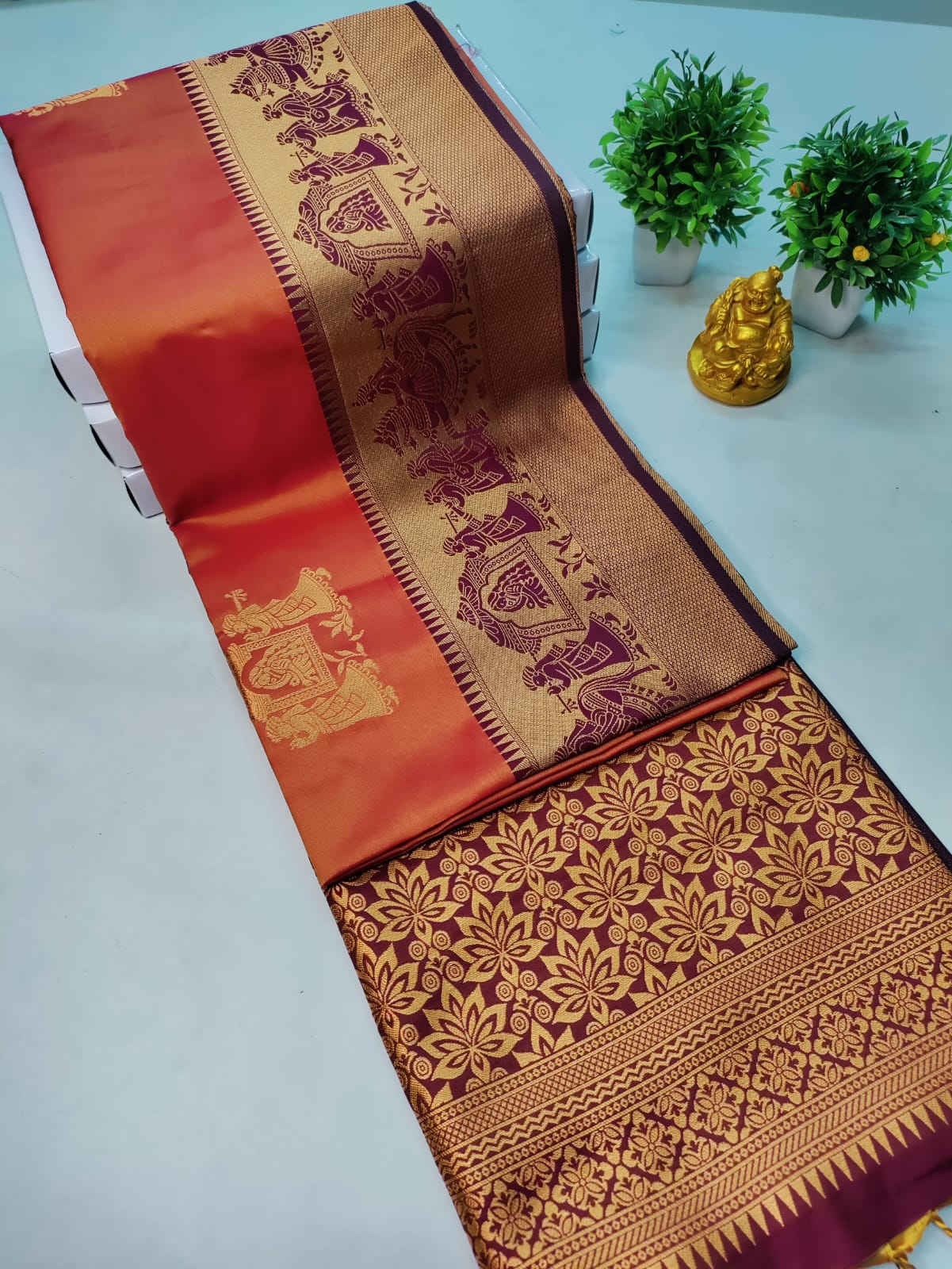 Kanchipuram Silk Saree – Orange with Maroon