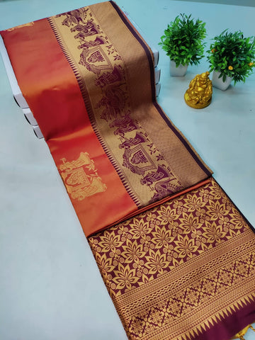 Kanchipuram Silk Saree – Orange with Maroon