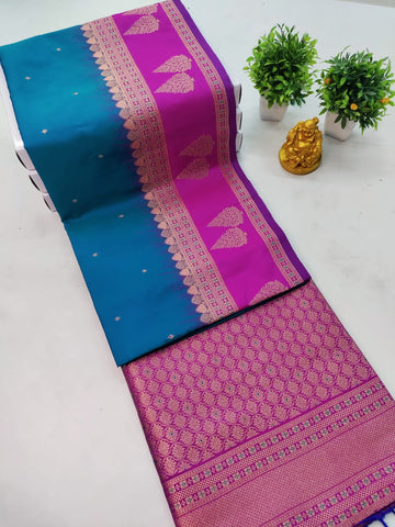 Peacock Blue & Magenta Mysore Silk Saree
