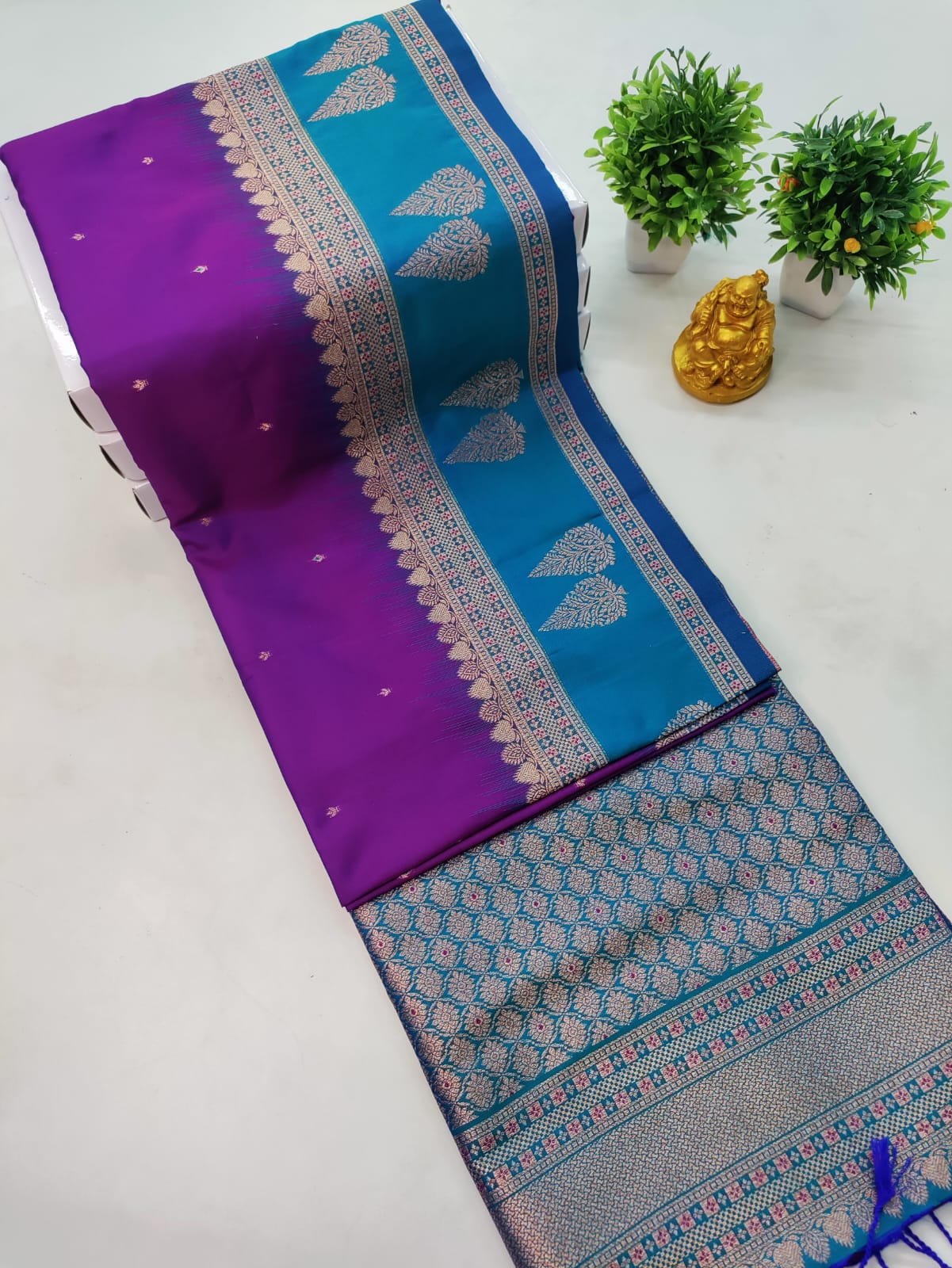 Purple & Peacock Blue Mysore Silk Saree