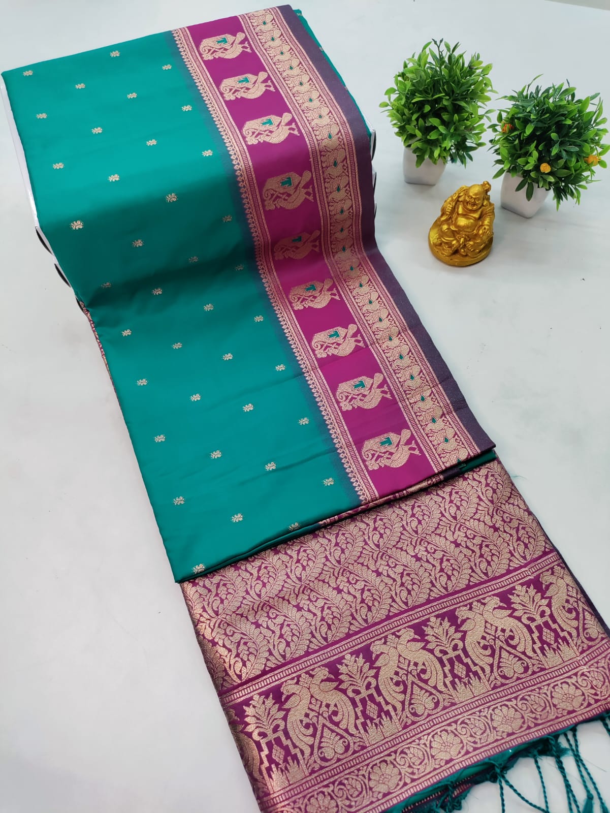 Sea Green & Rani Pink Mysore Silk Saree