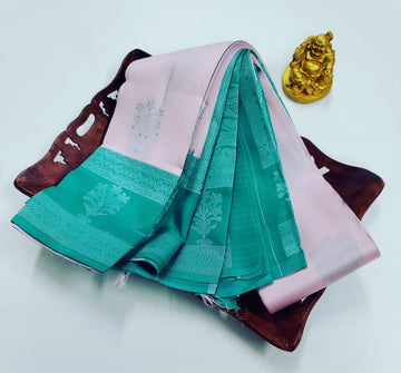 ✨ Samruthi Pattu Saree – Baby Pink with Teal ✨