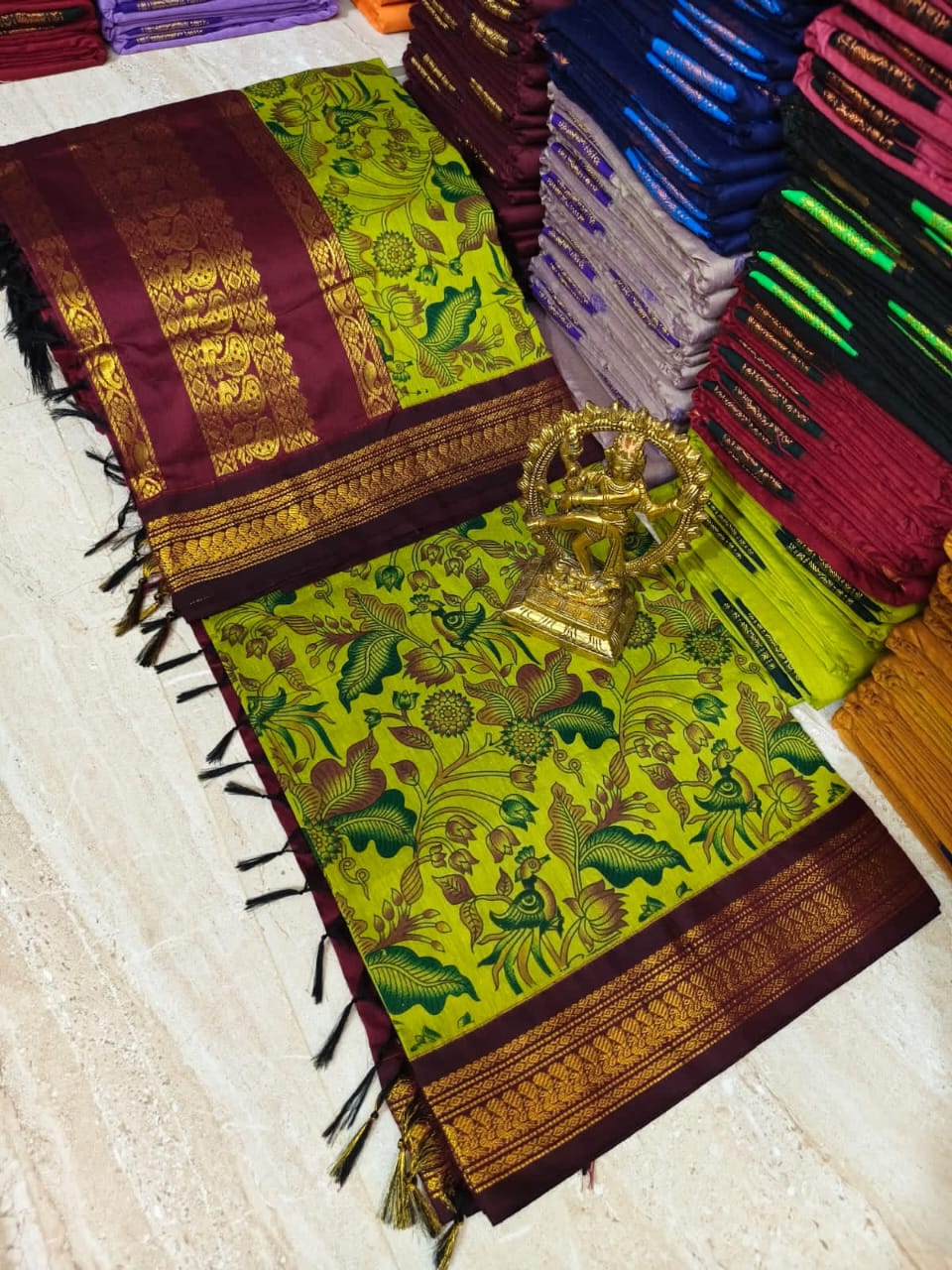 Premium Kalyani Cotton Saree – Parrot Green Kalamkari with Maroon