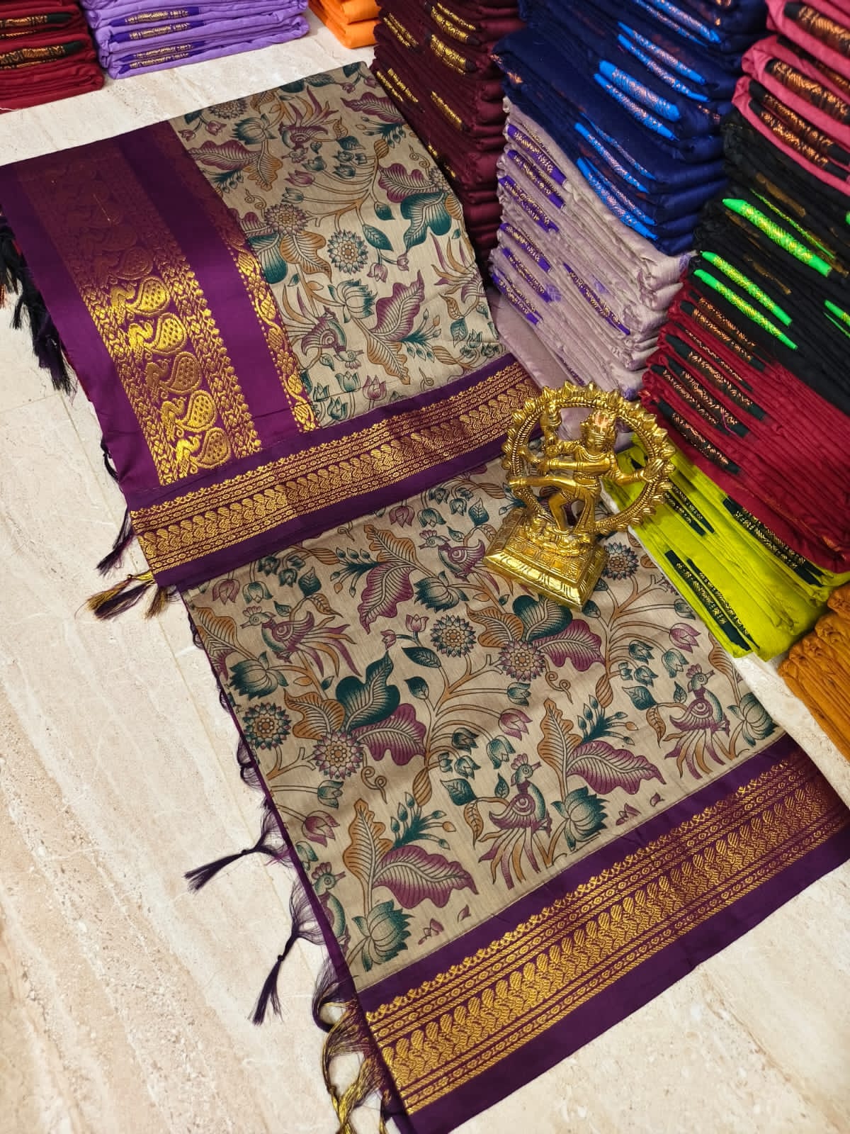 Premium Kalyani Cotton Saree – Light Cream Kalamkari with Purple