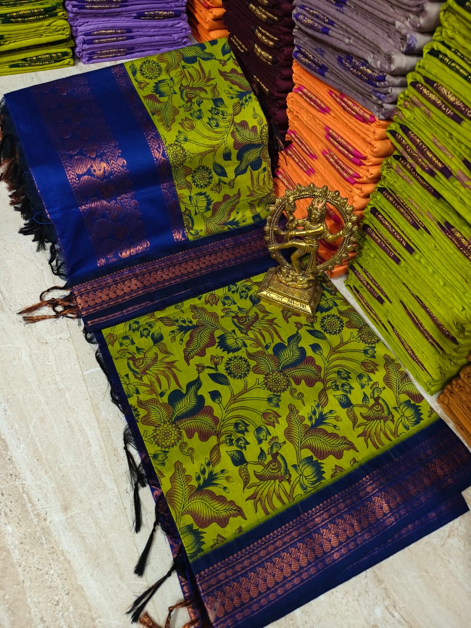 Premium Kalyani Cotton Saree – Parrot Green Kalamkari with Royal Blue Border