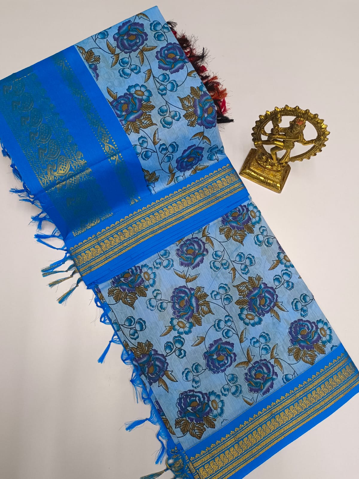 Premium Kalyani Cotton Saree – Pastel Kalamkari with Sky Blue Border