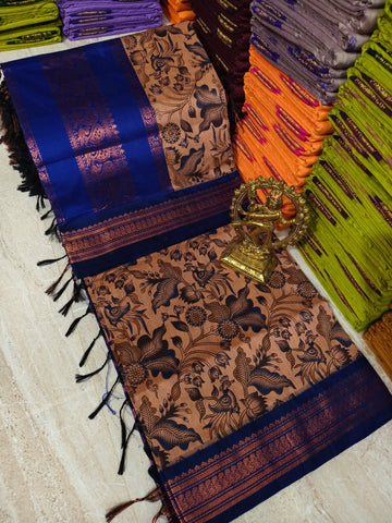Premium Kalyani Cotton Saree – Peach Kalamkari with Royal Blue Border