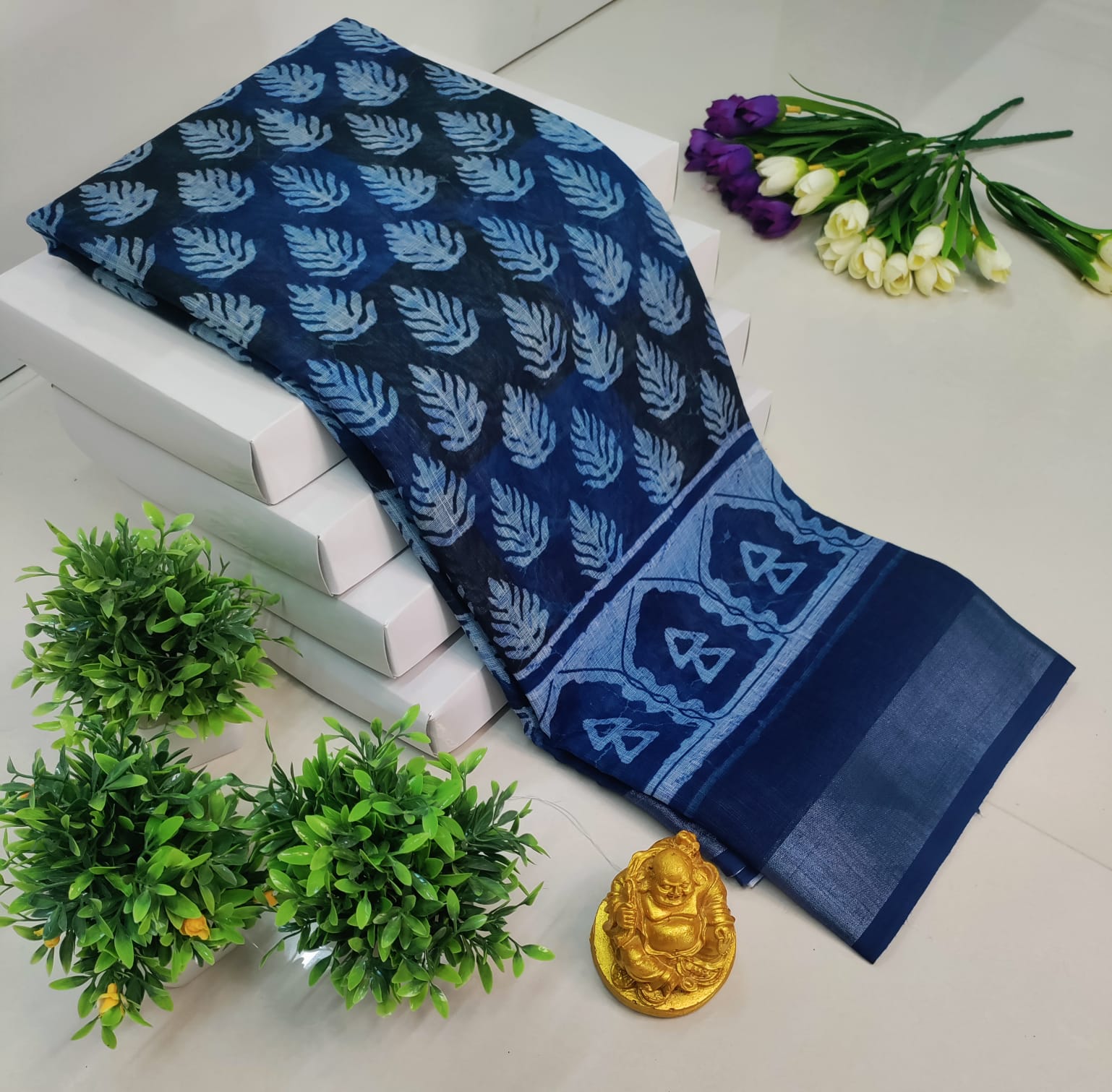 3D Digital Printed Linen Cotton Saree – Blue