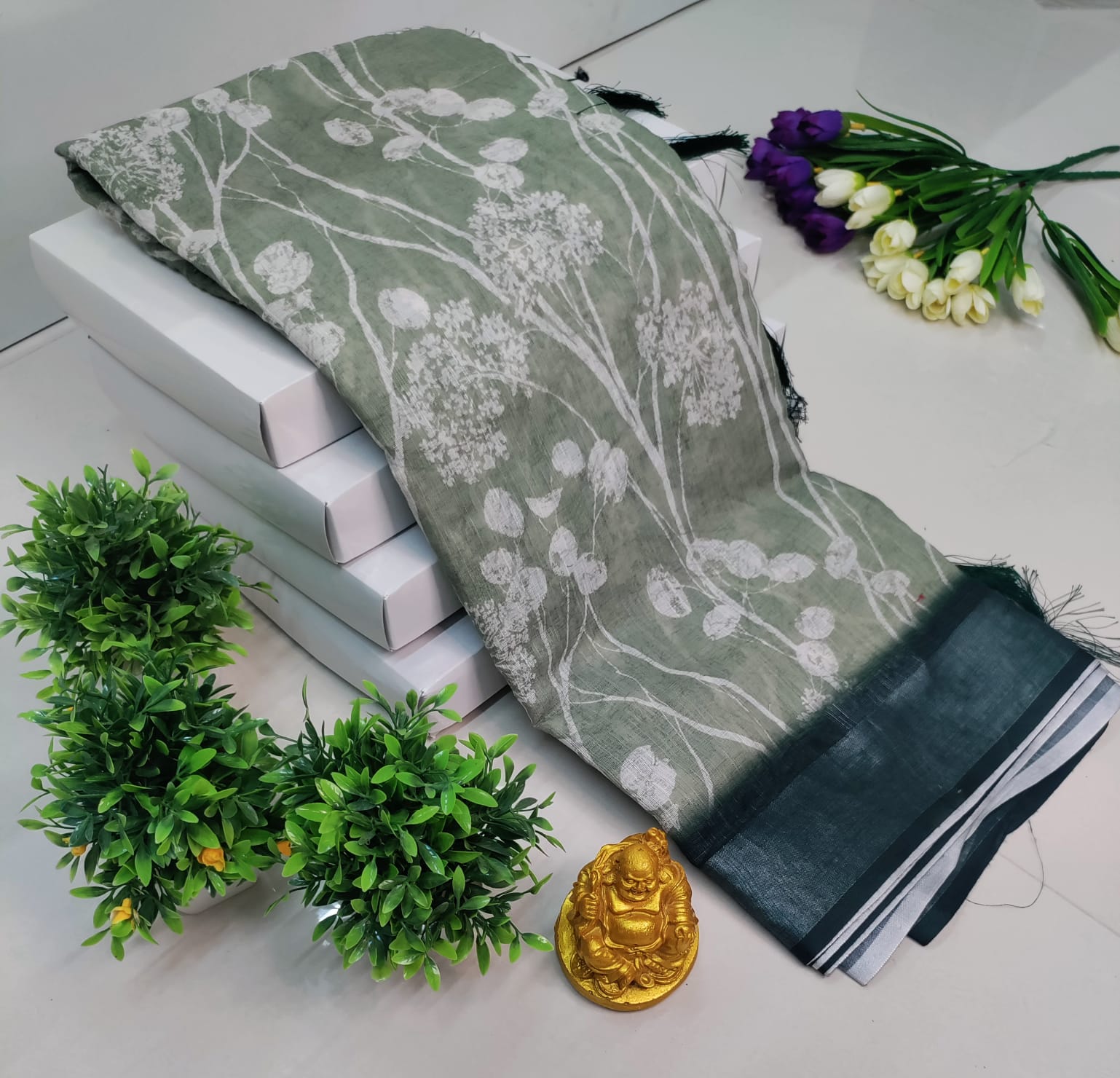 3D Digital Printed Linen Cotton Saree – Grey Green