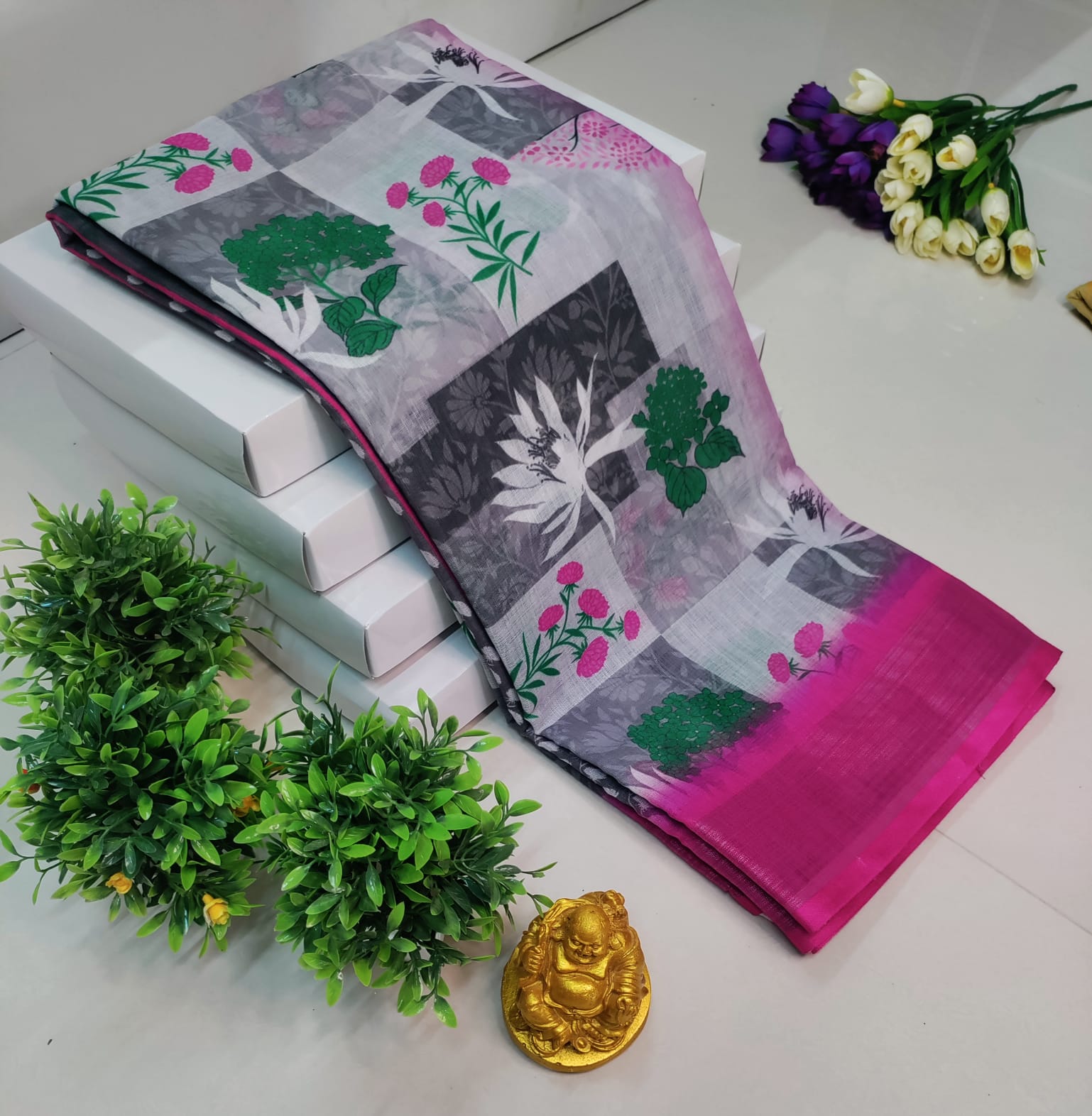 3D Digital Printed Linen Cotton Saree – Grey with Pink Border