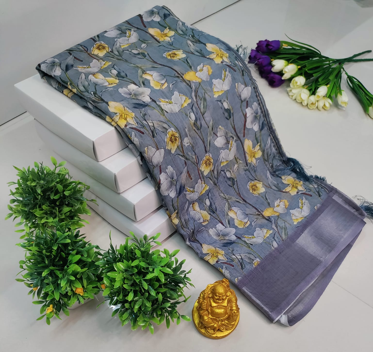 3D Digital Printed Linen Cotton Saree – Steel Grey Floral