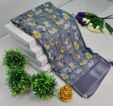 3D Digital Printed Linen Cotton Saree – Steel Grey Floral