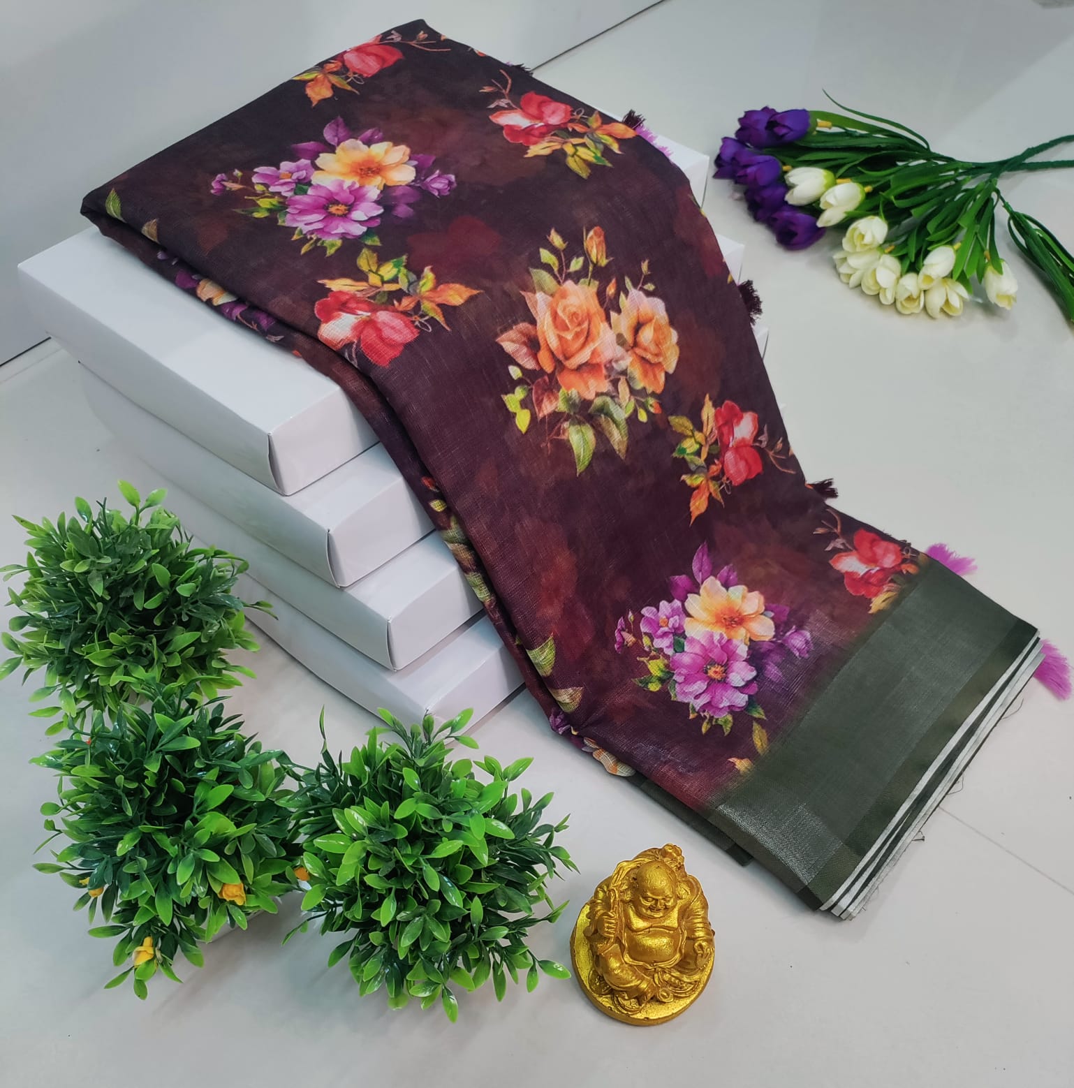 3D Digital Printed Linen Cotton Saree – Maroon Floral