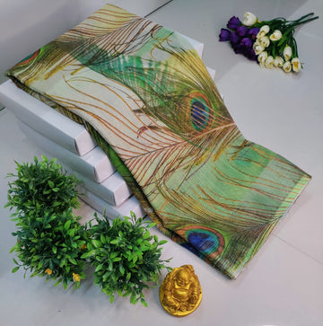 3D Digital Printed Linen Cotton Saree – Mint Green