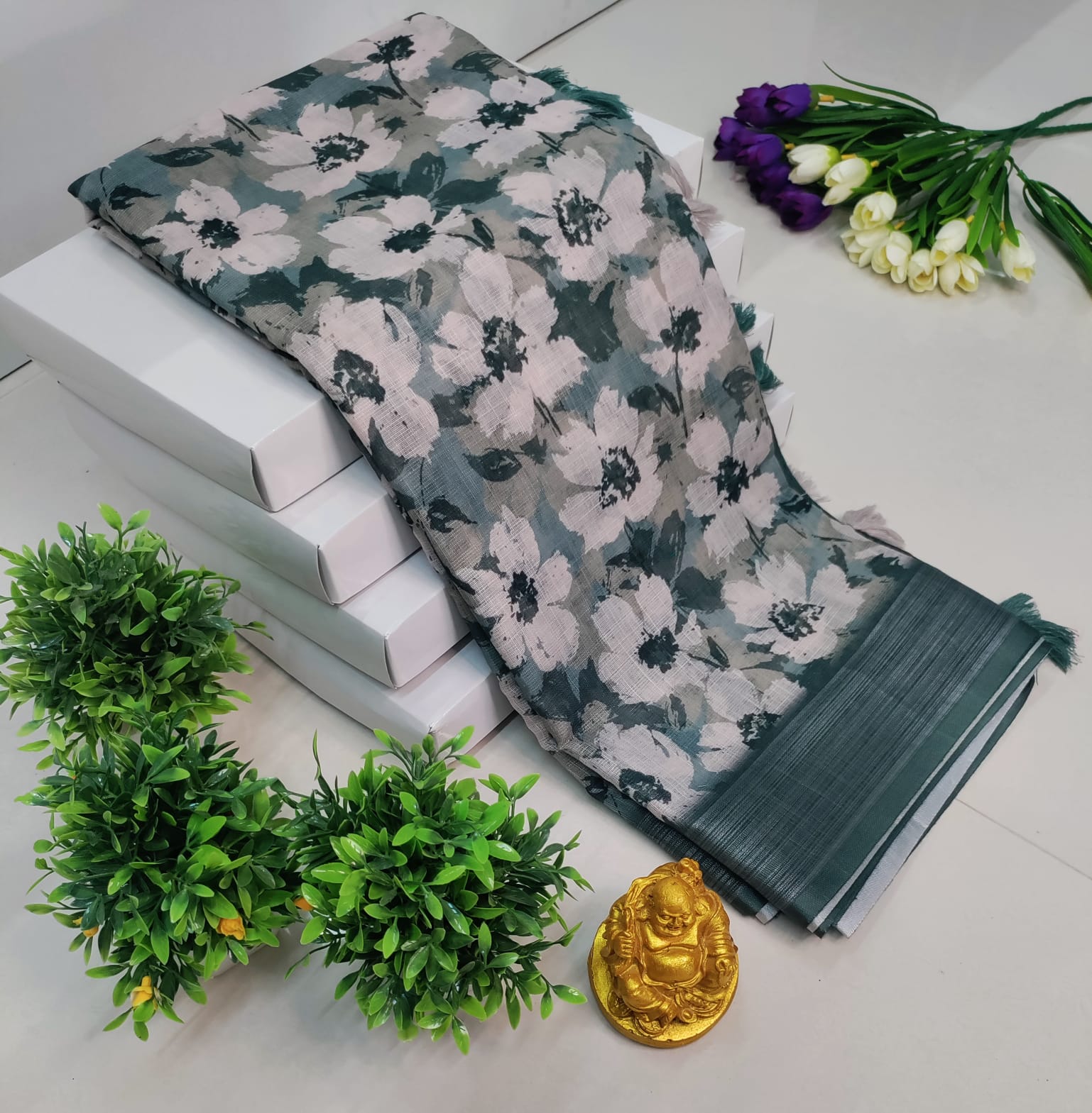 3D Digital Printed Linen Cotton Saree – Grey White